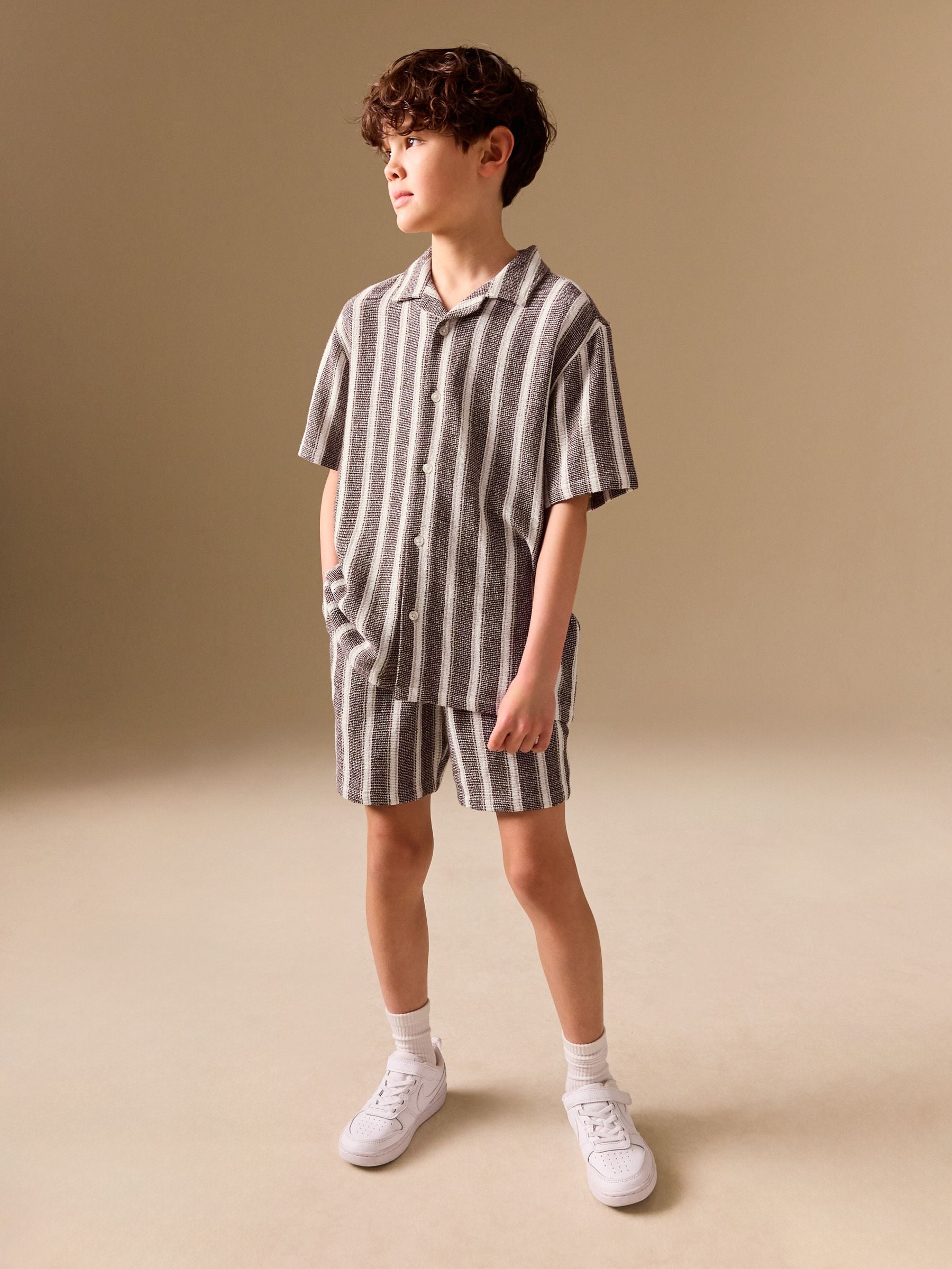 Dsiney Kidz - Chocolate Brown Short Sleeve Textured Stripe Shirt and Shorts Set (3-16yrs) image 1