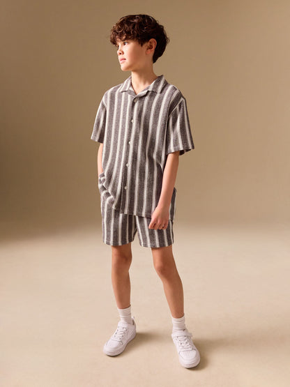Dsiney Kidz - Chocolate Brown Short Sleeve Textured Stripe Shirt and Shorts Set (3-16yrs) image 1