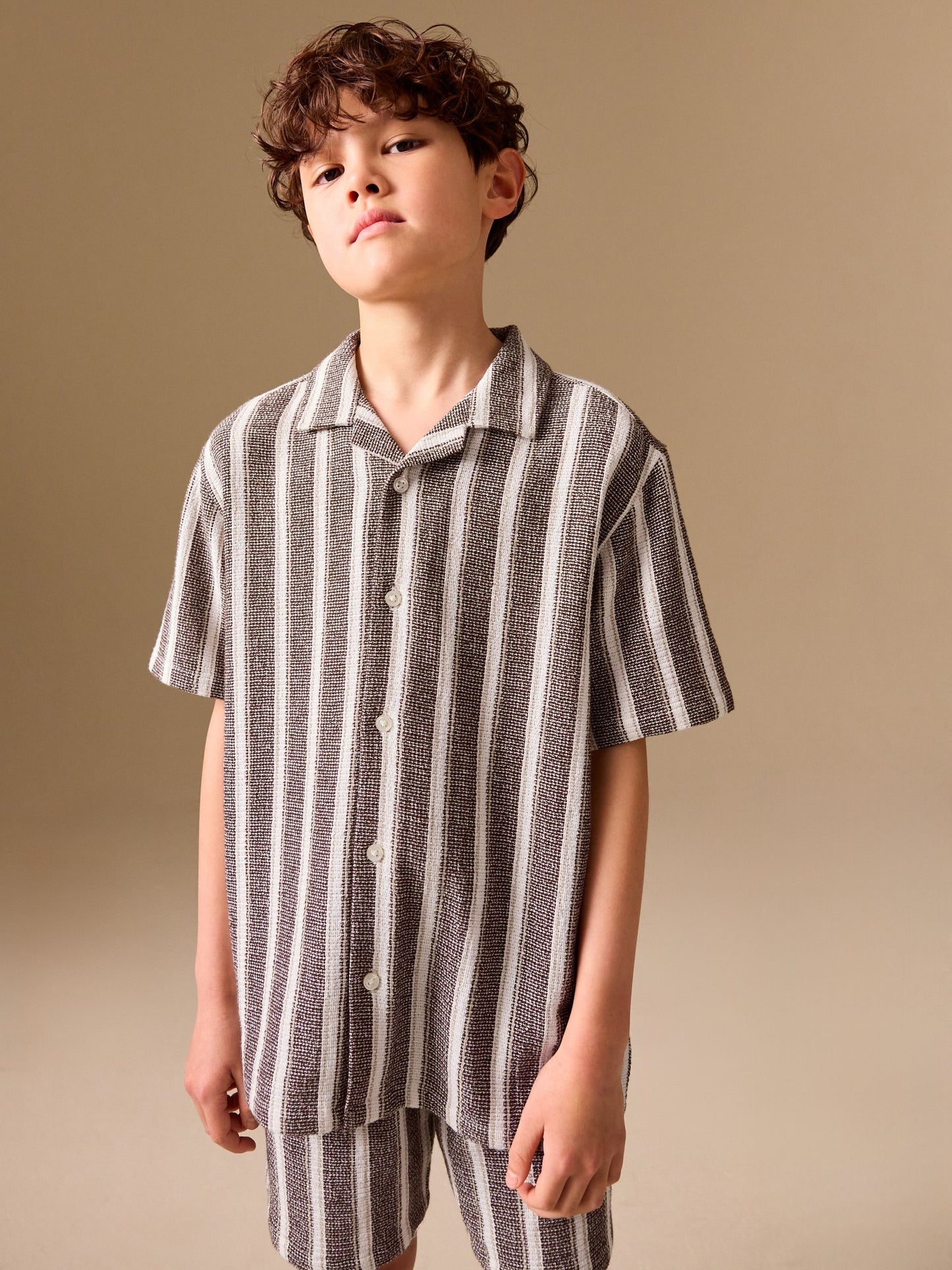 Dsiney Kidz - Chocolate Brown Short Sleeve Textured Stripe Shirt and Shorts Set (3-16yrs) image 2