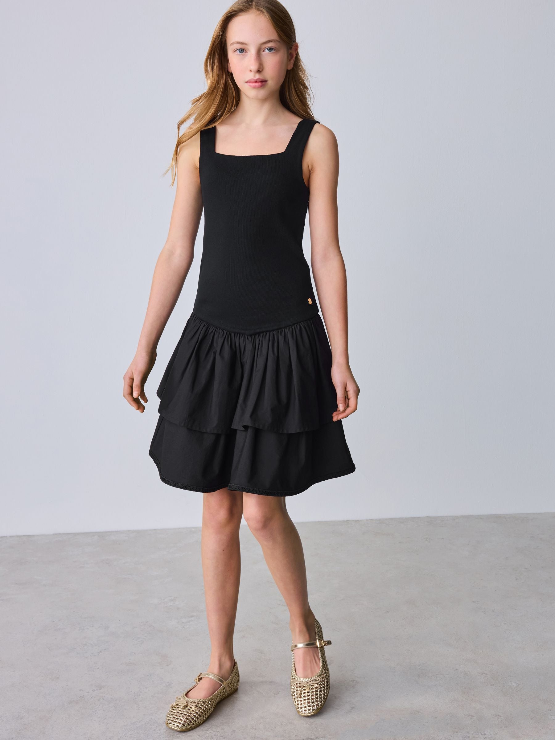 Baker by Ted Baker Drop Waist Cotton Mix Tiered Black Dress image 1