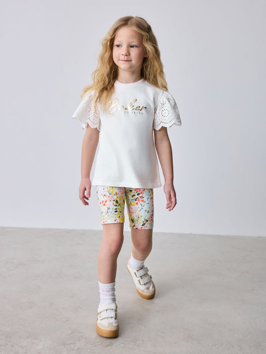 Baker by Ted Baker Broderie Sleeve T-Shirt & Floral Cycle Short 2 Piece Set image 2