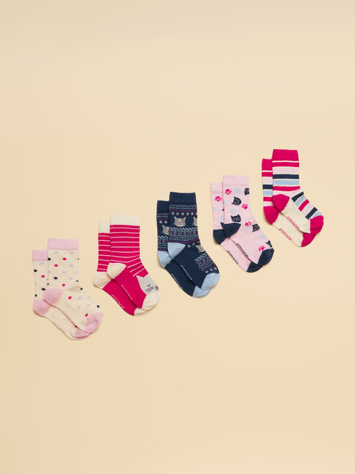 Joules Kids' Neat Feet Bright Pink Cat Socks 5 Pack image 1
