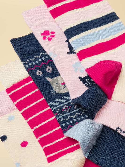 Joules Kids' Neat Feet Bright Pink Cat Socks 5 Pack image 2