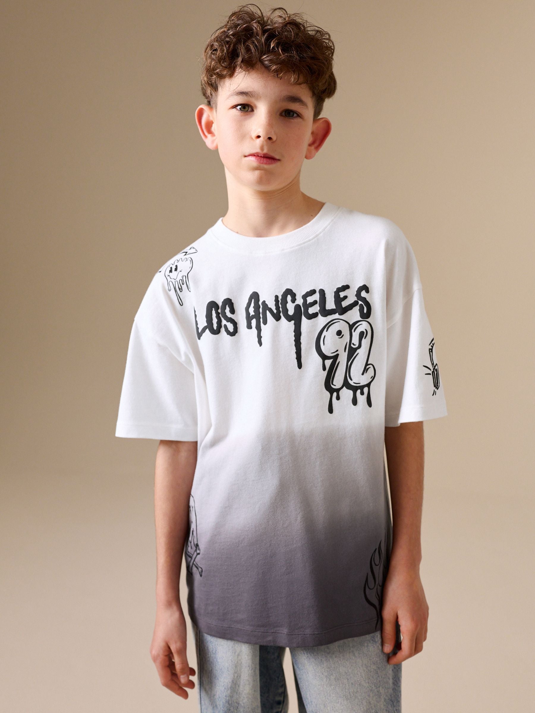 Dsiney Kidz - Grey/White Dip Dye Graffiti Short Sleeve Graphic T-Shirt (3-16yrs) image 1
