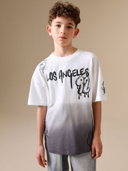 Dsiney Kidz - Grey/White Dip Dye Graffiti Short Sleeve Graphic T-Shirt (3-16yrs) image 1