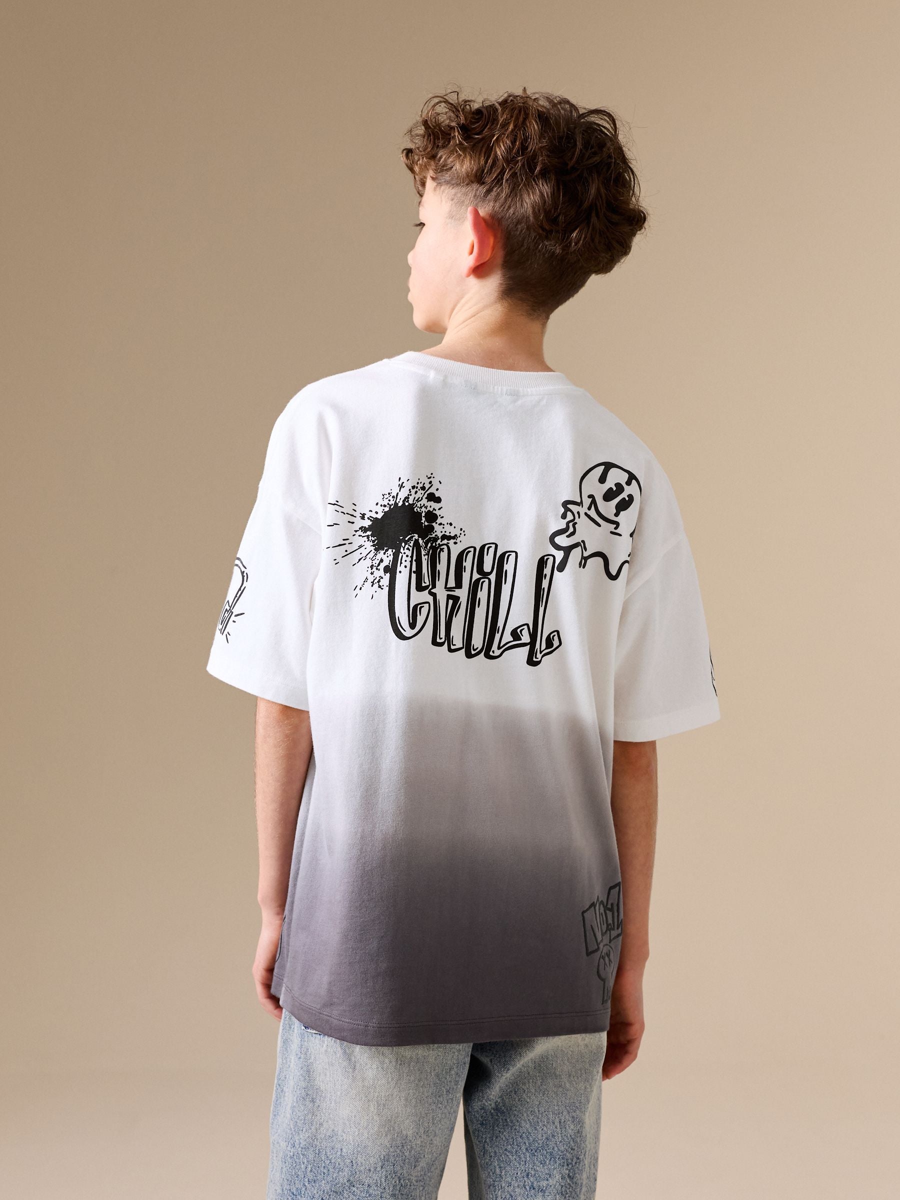 Dsiney Kidz - Grey/White Dip Dye Graffiti Short Sleeve Graphic T-Shirt (3-16yrs) image 3