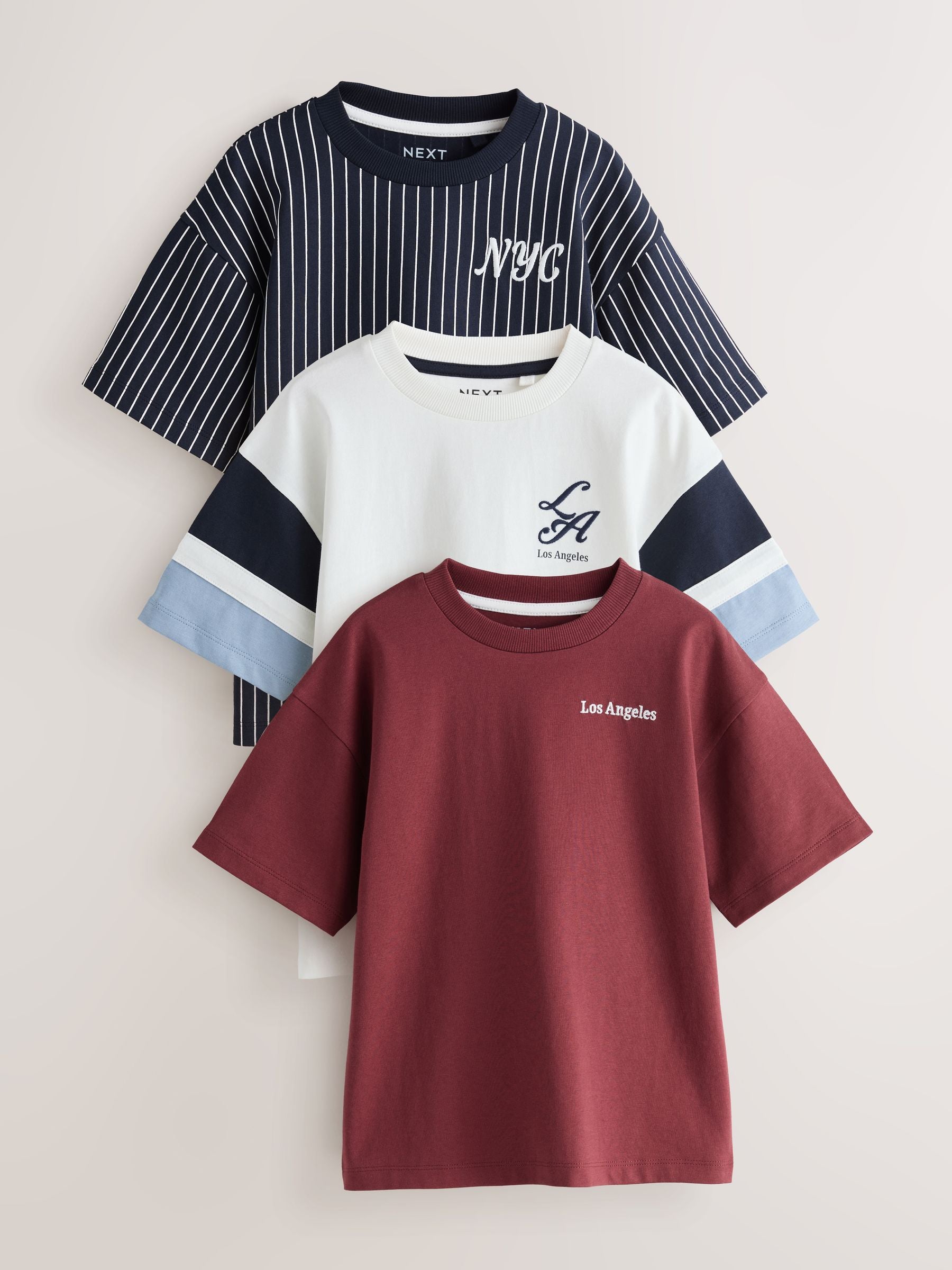 Dsiney Kidz - Berry/Ecru/Navy Stripe Relaxed Fit Graphic Print Short Sleeve T-Shirts 3 Pack (3-16yrs) image 1