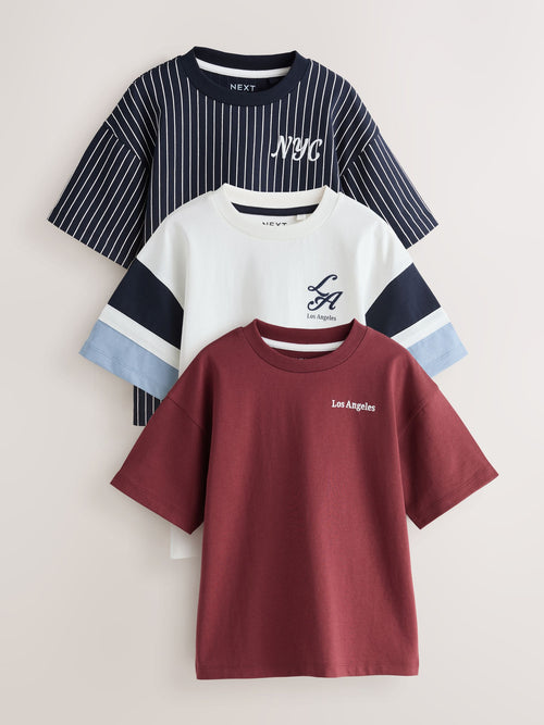 Dsiney Kidz - Berry/Ecru/Navy Stripe Relaxed Fit Graphic Print Short Sleeve T-Shirts 3 Pack (3-16yrs) image 1