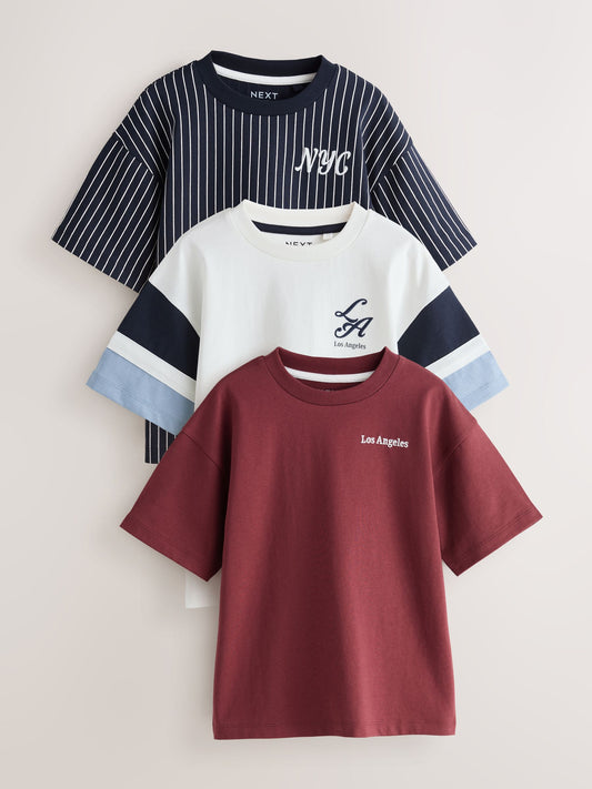 Dsiney Kidz - Berry/Ecru/Navy Stripe Relaxed Fit Graphic Print Short Sleeve T-Shirts 3 Pack (3-16yrs) image 1