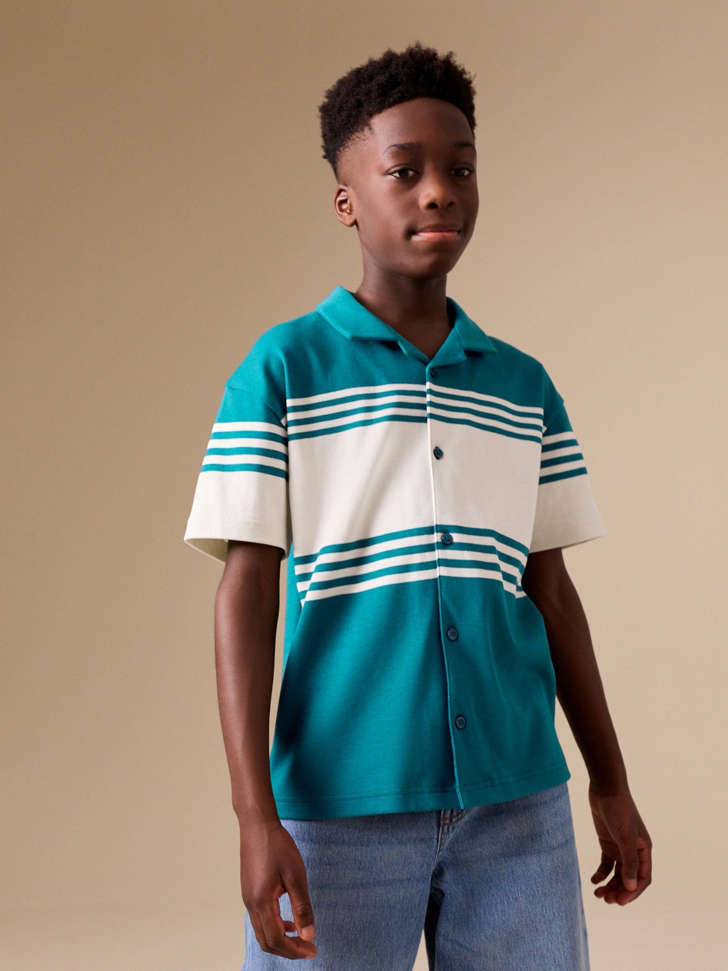 Dsiney Kidz - Teal Blue/Ecru Button Through Short Sleeve Jersey Shirt (3-16yrs) image 2