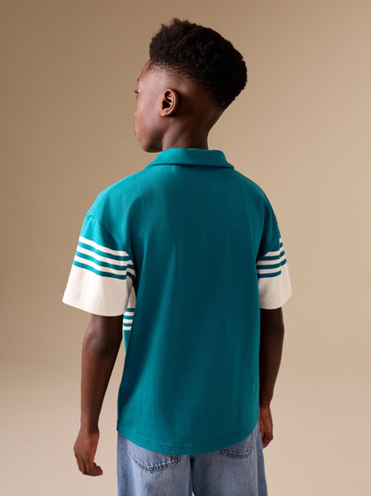 Dsiney Kidz - Teal Blue/Ecru Button Through Short Sleeve Jersey Shirt (3-16yrs) image 3