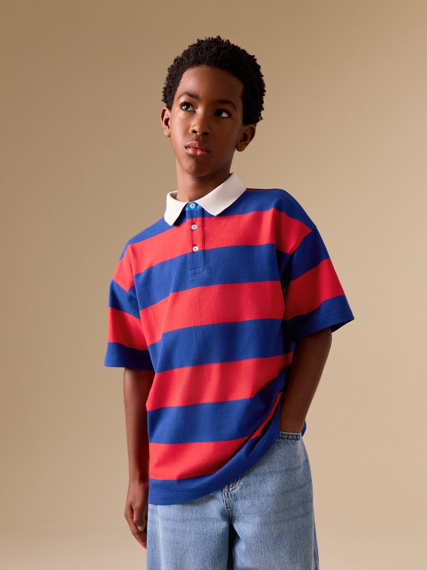 Dsiney Kidz - Red/Blue Relaxed Fit Stripe Short Sleeve Polo Shirt (3-16yrs) image 1