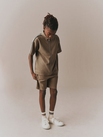 Dsiney Kidz - Tan Brown Short Sleeve Zip Through Polo Shirt & Shorts Set (3-16yrs) image 1