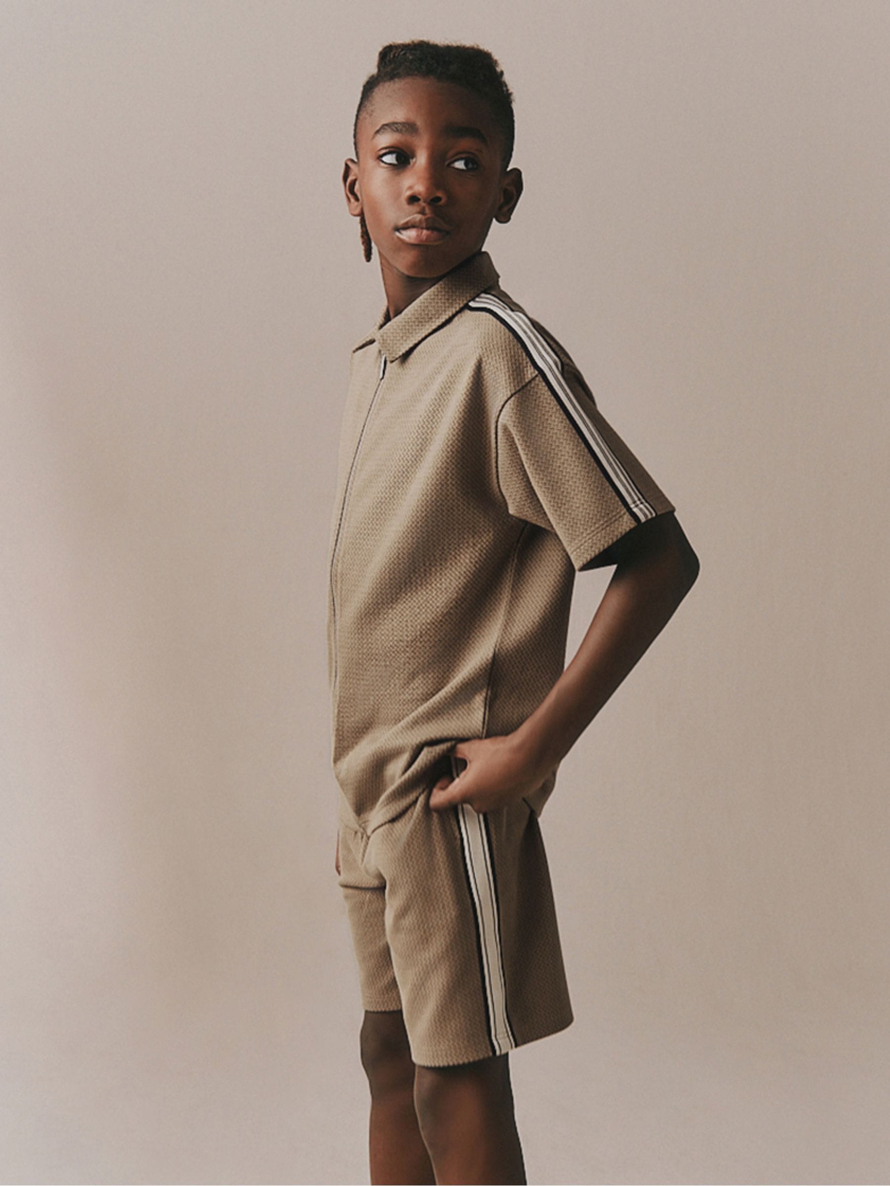 Dsiney Kidz - Tan Brown Short Sleeve Zip Through Polo Shirt & Shorts Set (3-16yrs) image 2