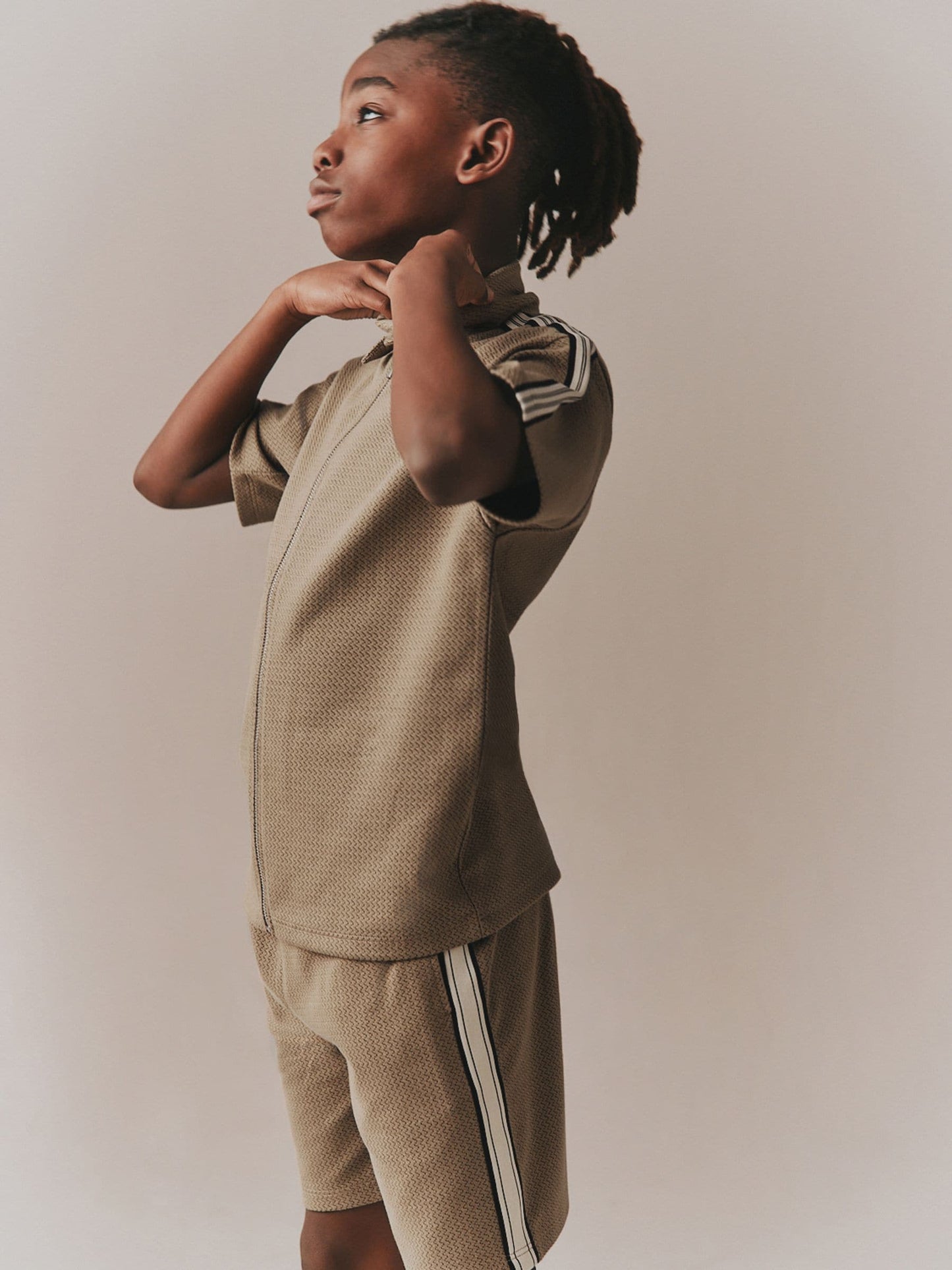 Dsiney Kidz - Tan Brown Short Sleeve Zip Through Polo Shirt & Shorts Set (3-16yrs) image 3