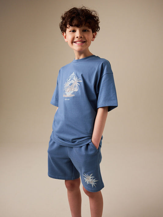 Blue Short Sleeve T-Shirt and Shorts Set (3-16yrs) image 3