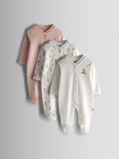 JoJo Maman Bébé Pink Bunny Cotton Footed 3 Pack Sleepsuit image 1