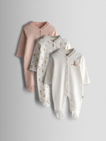 JoJo Maman Bébé Pink Bunny Cotton Footed 3 Pack Sleepsuit image 1