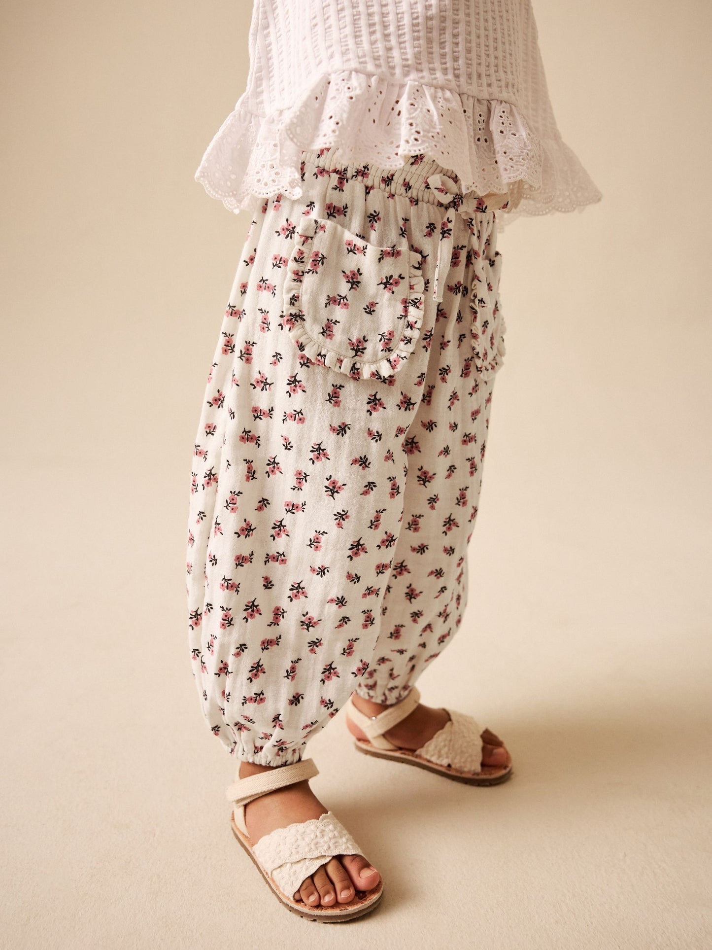 Cream/Pink Floral Ditsy Pull On Trousers (3mths-7yrs) image 3