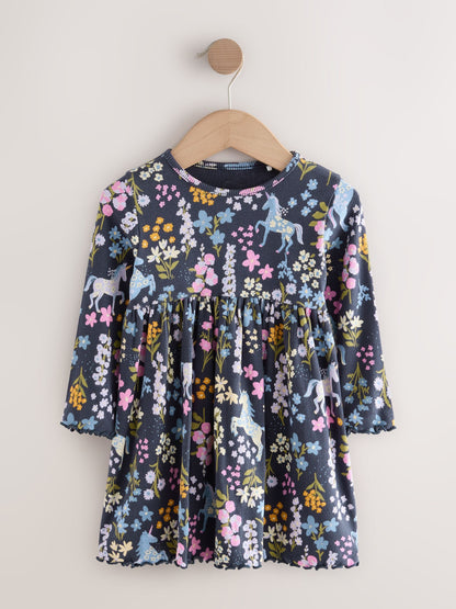 Navy Unicorn Long Sleeve Ribbed Dress (3mths-7yrs)