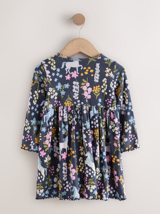 Navy Unicorn Long Sleeve Ribbed Dress (3mths-7yrs)