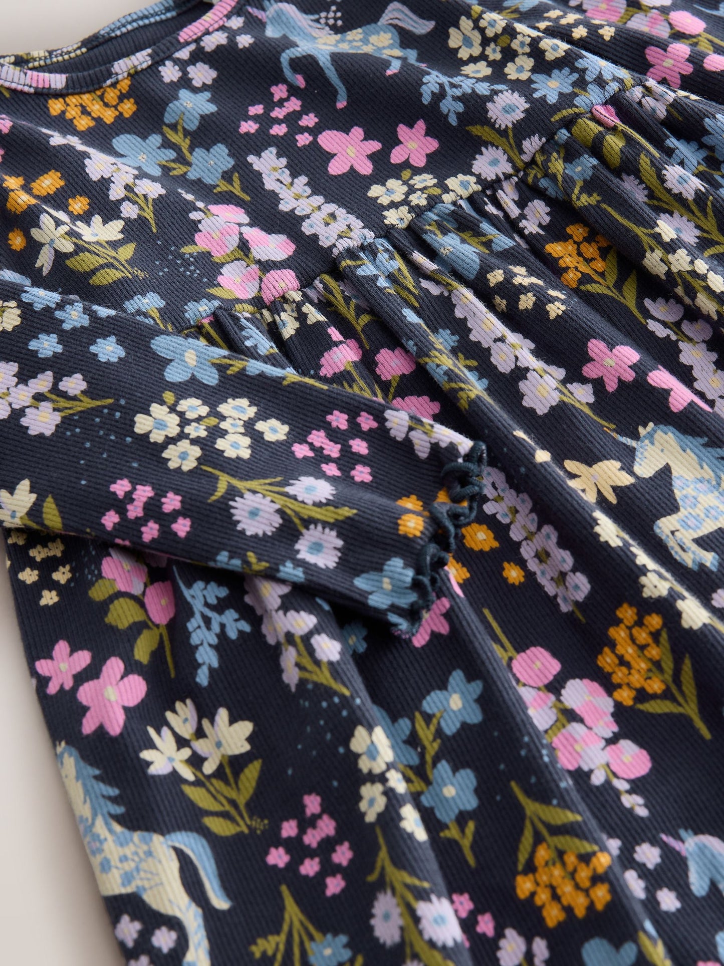 Navy Unicorn Long Sleeve Ribbed Dress (3mths-7yrs)