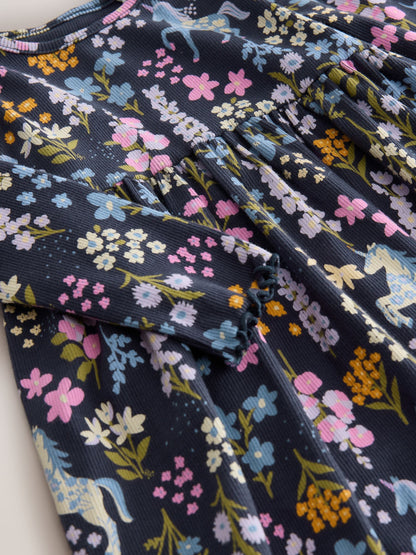 Navy Unicorn Long Sleeve Ribbed Dress (3mths-7yrs)