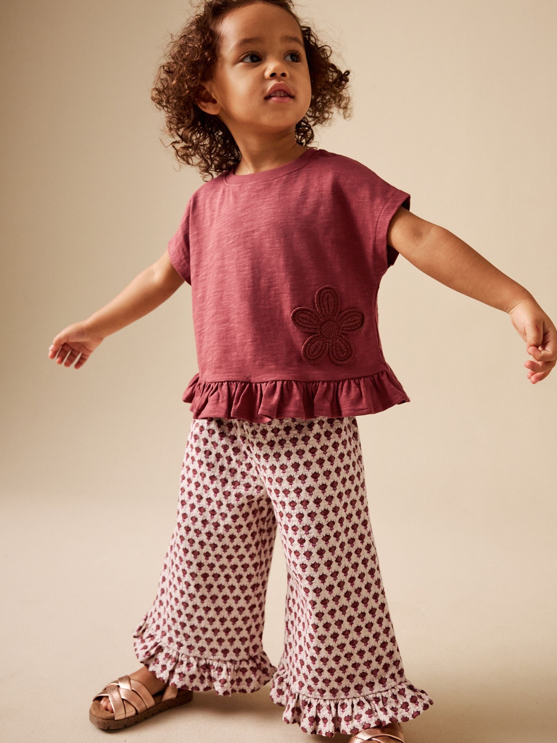 Dsiney Kidz - Red/Brown Flower Wide Leg Trousers Set (3mths-7yrs) image 2