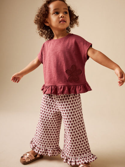 Dsiney Kidz - Red/Brown Flower Wide Leg Trousers Set (3mths-7yrs) image 2