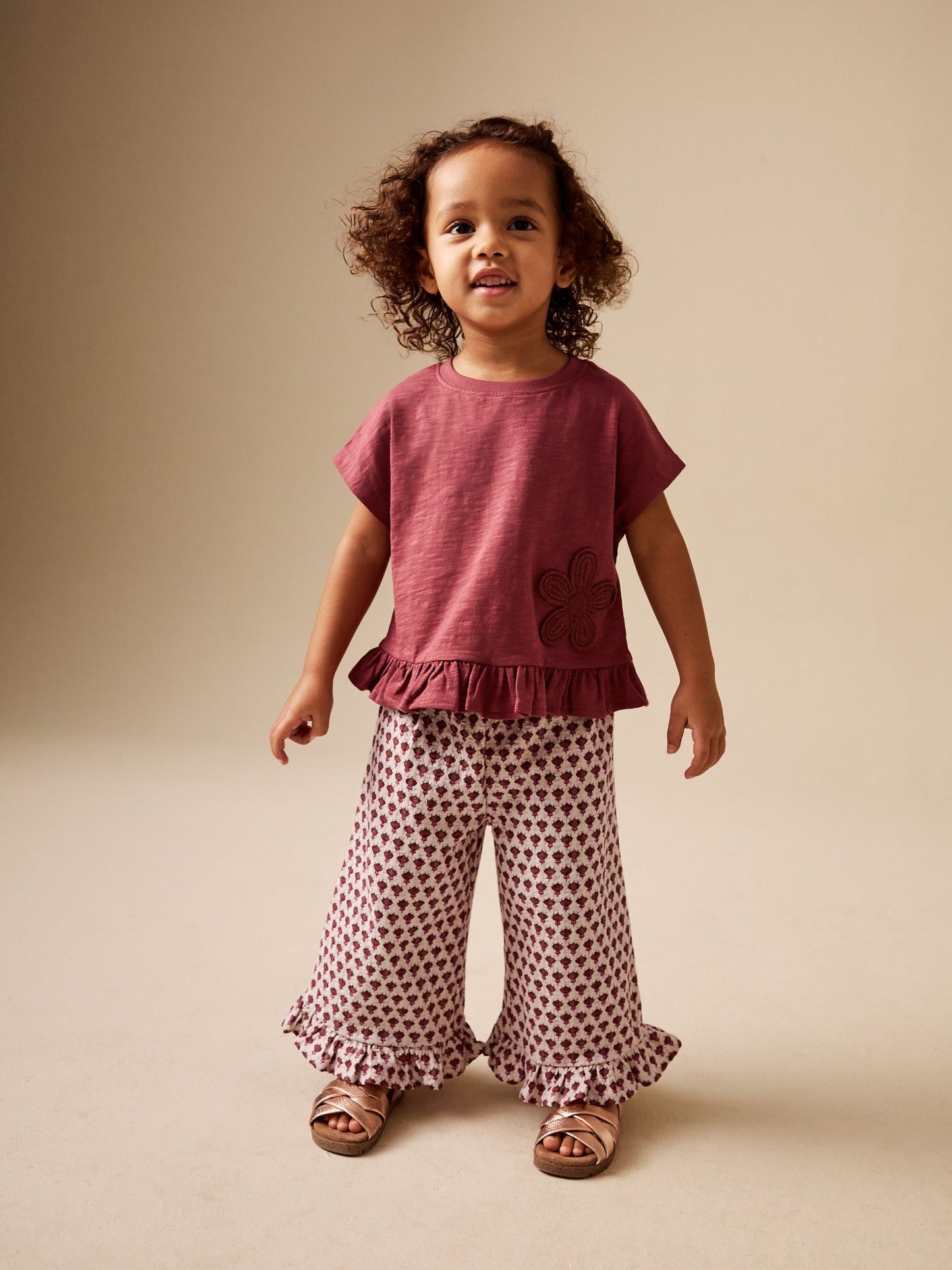 Dsiney Kidz - Red/Brown Flower Wide Leg Trousers Set (3mths-7yrs) image 1
