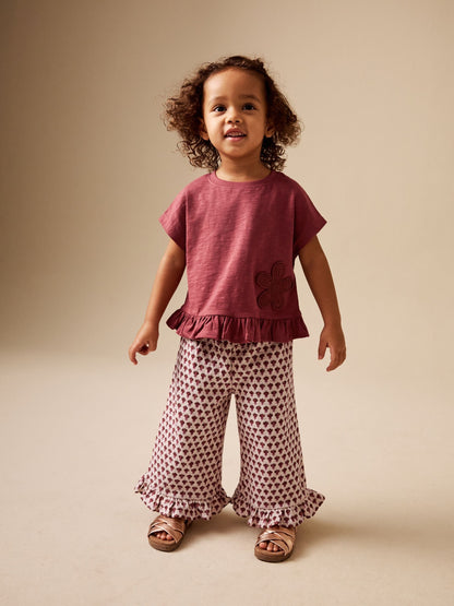 Dsiney Kidz - Red/Brown Flower Wide Leg Trousers Set (3mths-7yrs) image 1