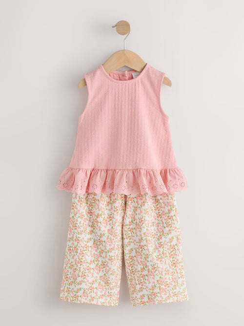 Pink Flower Broiderie Vest and Wide Trousers Set (3mths-7yrs) image 1