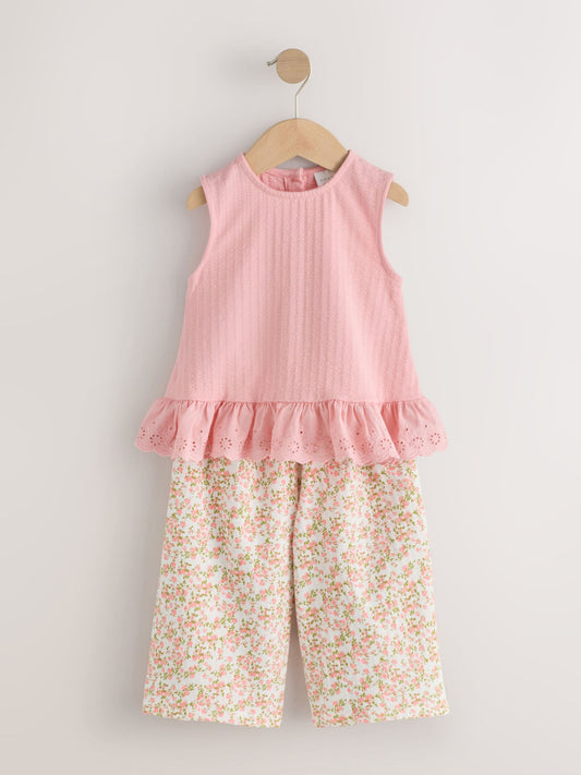 Pink Flower Broiderie Vest and Wide Trousers Set (3mths-7yrs) image 1
