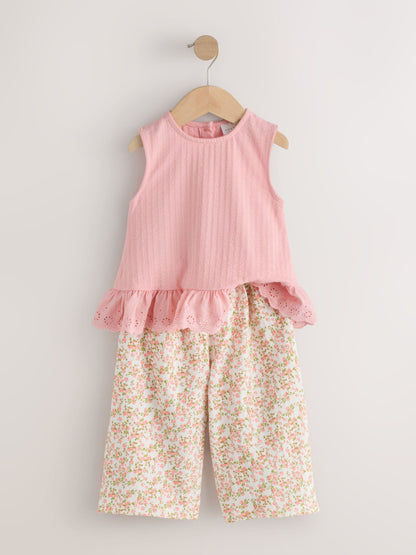 Pink Flower Broiderie Vest and Wide Trousers Set (3mths-7yrs) image 2