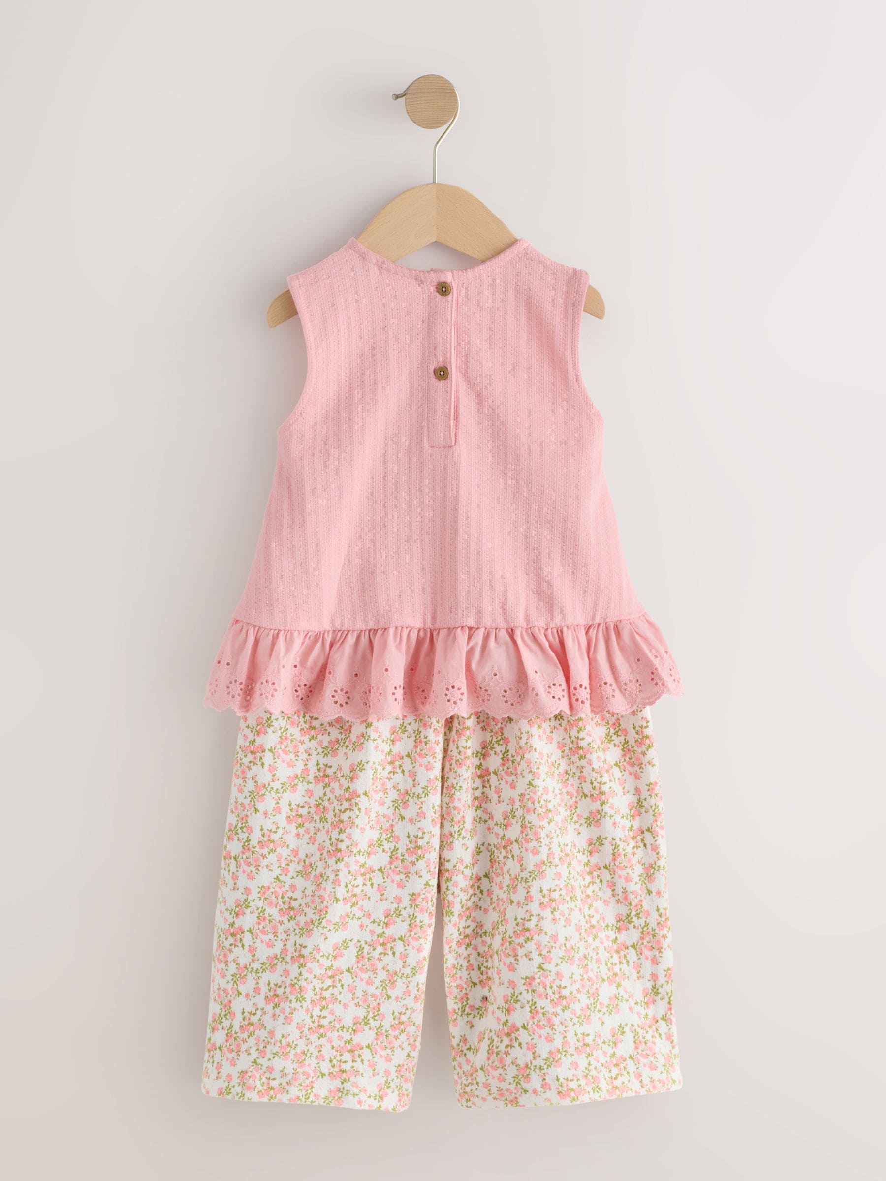 Pink Flower Broiderie Vest and Wide Trousers Set (3mths-7yrs) image 3