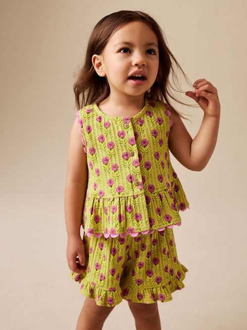 Dsiney Kidz - Green/Pink Flower Peplum Vest and Shorts Set (3mths-7yrs) image 1