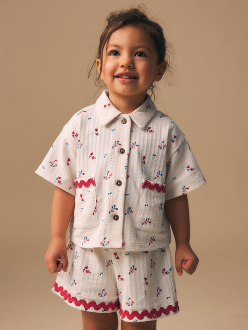 Dsiney Kidz - Ecru White Ditsy Flower Short Sleeve Button Shirt and Shorts Set (3mths-7yrs) image 1