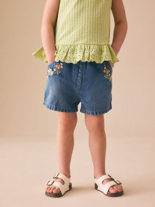 Mid Blue Denim Embroidered Flower Pull On Denim Shorts (3mths-10yrs) image 1