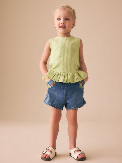Dsiney Kidz - Mid Blue Denim Embroidered Flower Pull On Denim Shorts (3mths-10yrs) image 2