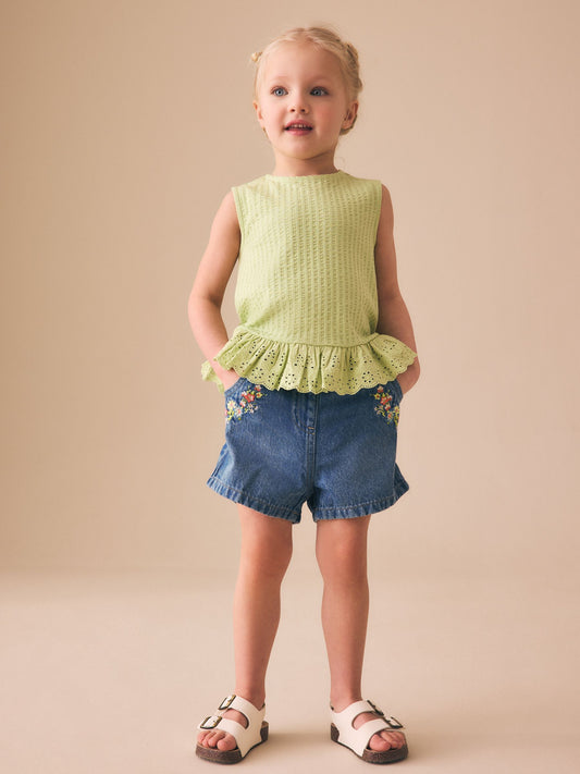 Dsiney Kidz - Mid Blue Denim Embroidered Flower Pull On Denim Shorts (3mths-10yrs) image 2