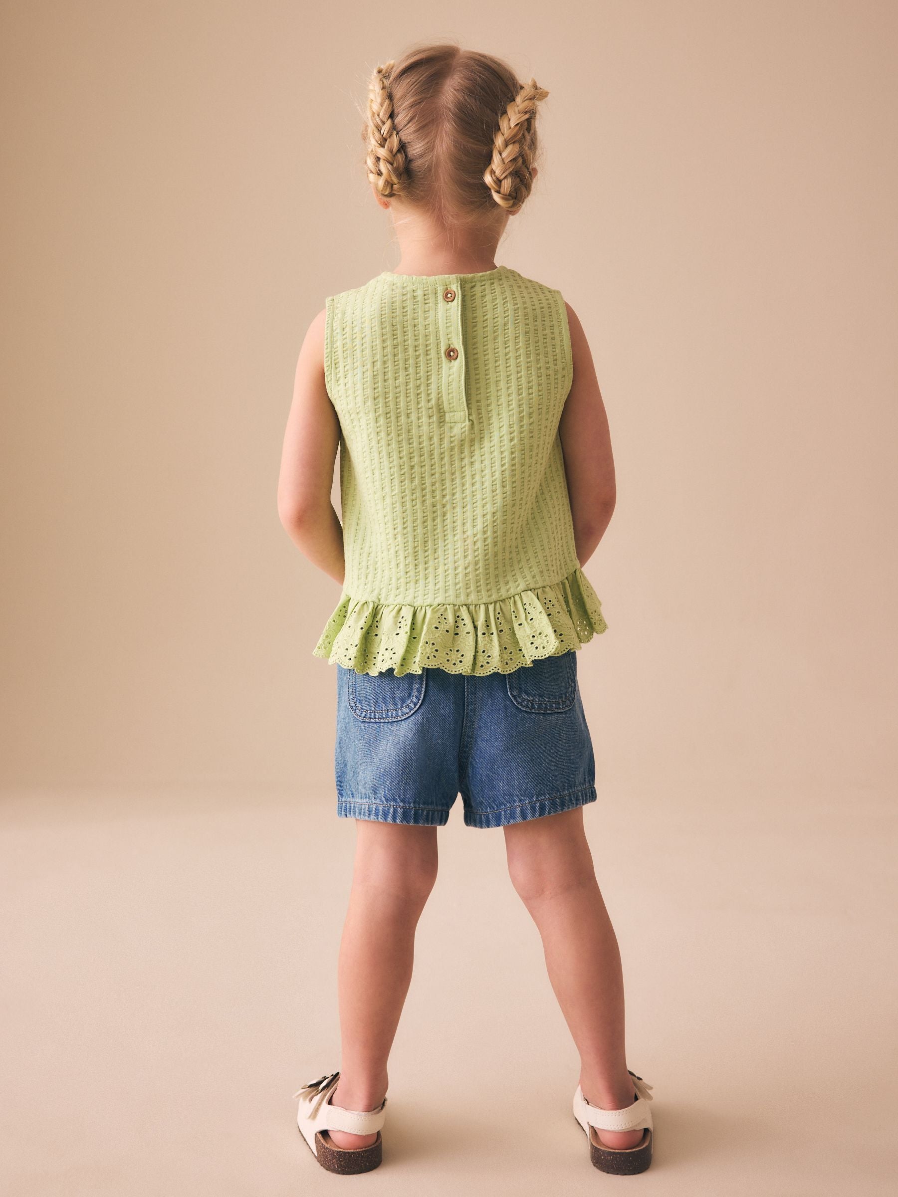 Dsiney Kidz - Mid Blue Denim Embroidered Flower Pull On Denim Shorts (3mths-10yrs) image 3