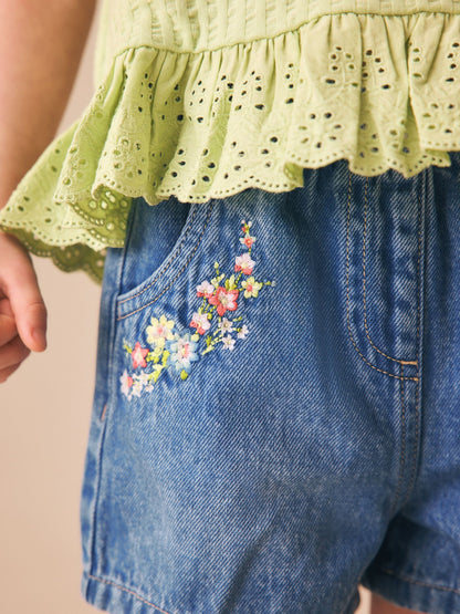 Dsiney Kidz - Mid Blue Denim Embroidered Flower Pull On Denim Shorts (3mths-10yrs) image 4