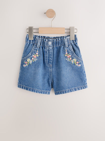 Dsiney Kidz - Mid Blue Denim Embroidered Flower Pull On Denim Shorts (3mths-10yrs) image 5