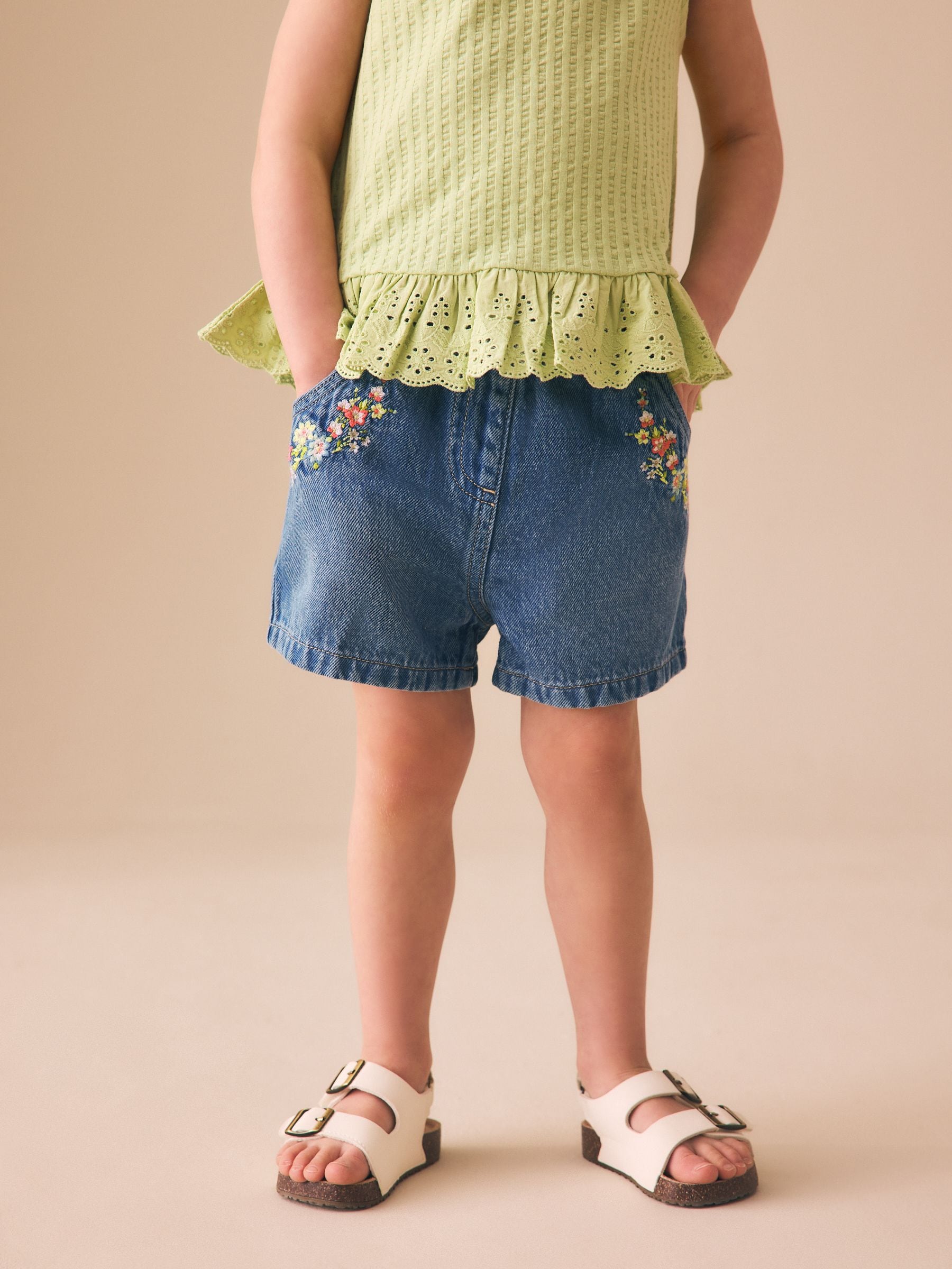 Dsiney Kidz - Mid Blue Denim Embroidered Flower Pull On Denim Shorts (3mths-10yrs) image 1