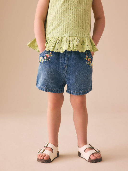 Dsiney Kidz - Mid Blue Denim Embroidered Flower Pull On Denim Shorts (3mths-10yrs) image 1