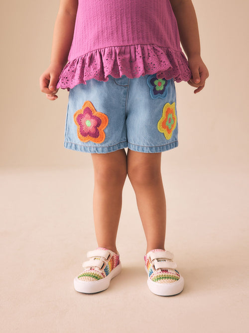 Mid Denim Crochet Flower Pull On Denim Shorts (3mths-10yrs) image 1