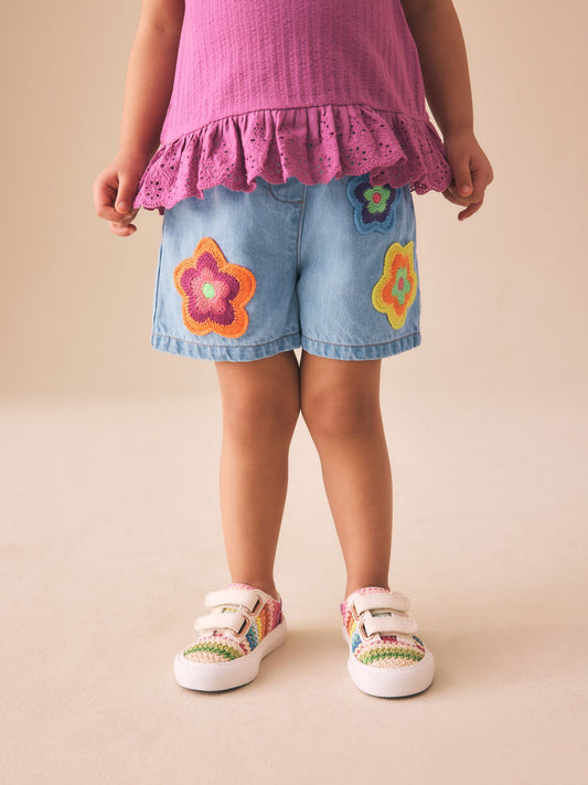 Mid Denim Crochet Flower Pull On Denim Shorts (3mths-10yrs) image 1