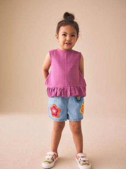 Mid Denim Crochet Flower Pull On Denim Shorts (3mths-10yrs) image 2