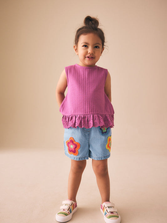 Mid Denim Crochet Flower Pull On Denim Shorts (3mths-10yrs) image 2