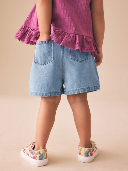 Mid Denim Crochet Flower Pull On Denim Shorts (3mths-10yrs) image 3